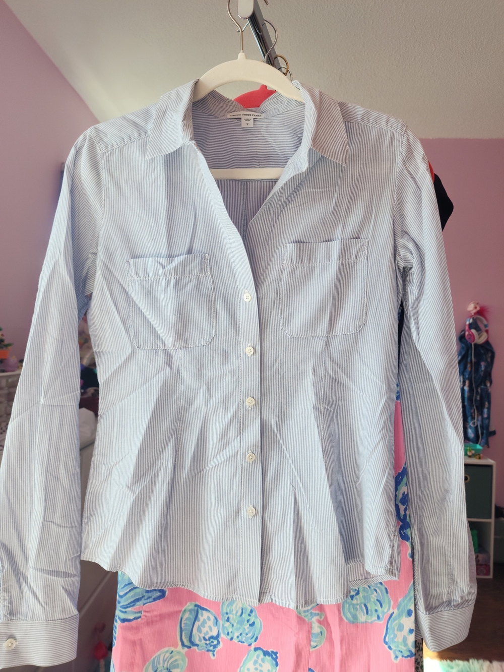 James Perse Women's Light Blue Pinstripe Button-Down Shirt